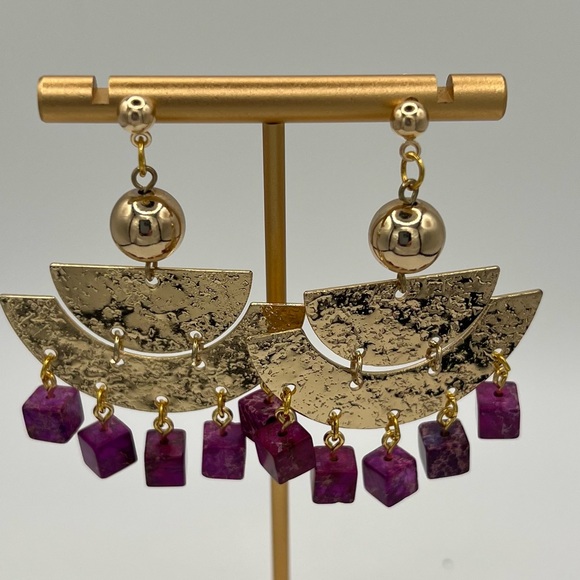 Gold Tone Chandelier Earrings with Fuschia Stone Dangles - Picture 3 of 3